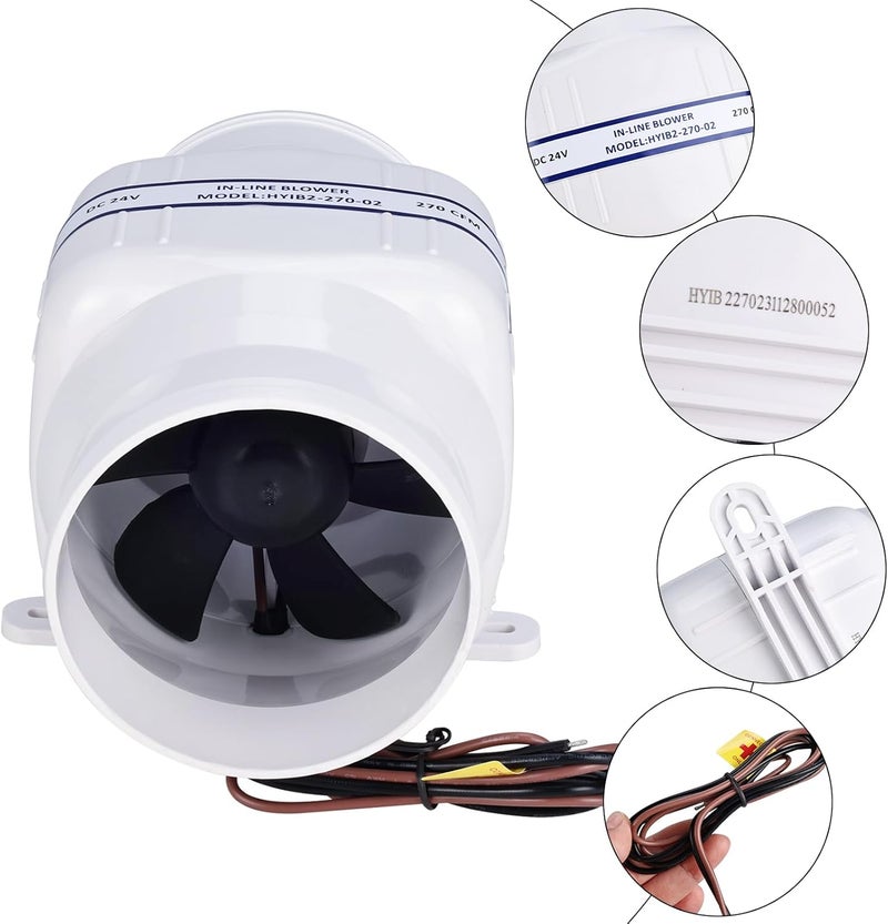 NovelBee Marine 24V Electric 4" in-Line Bilge Air Blower,270CFM in-Line Blower Exhaust Fan for Boat - Image 3